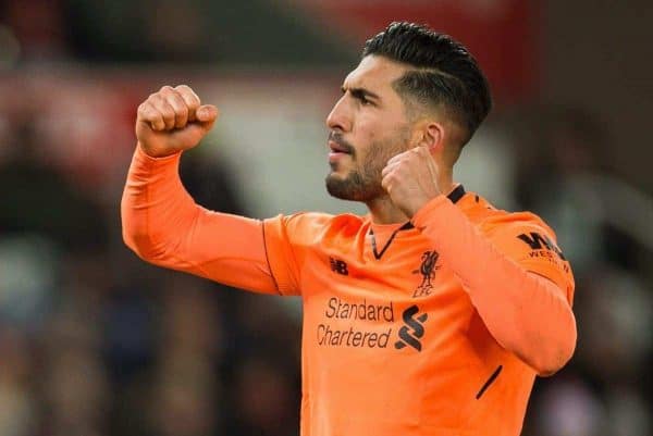 STOKE-ON-TRENT, ENGLAND - Wednesday, November 29, 2017: Liverpoolís Emre Can reacts during the FA Premier League match between Stoke City and Liverpool at the Bet365 Stadium. (Pic by Peter Powell/Propaganda)