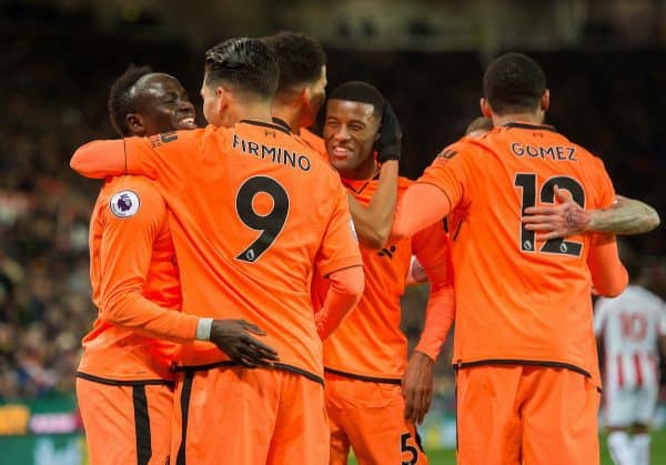 STOKE-ON-TRENT, ENGLAND - Wednesday, November 29, 2017: Liverpoolís Sadio Mane is congratulated by Roberto Firmino after scoring the opening goal after the FA Premier League match between Stoke City and Liverpool at the Bet365 Stadium. (Pic by Peter Powell/Propaganda)