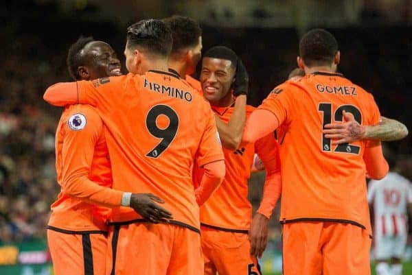 STOKE-ON-TRENT, ENGLAND - Wednesday, November 29, 2017: Liverpoolís Sadio Mane is congratulated by Roberto Firmino after scoring the opening goal after the FA Premier League match between Stoke City and Liverpool at the Bet365 Stadium. (Pic by Peter Powell/Propaganda)