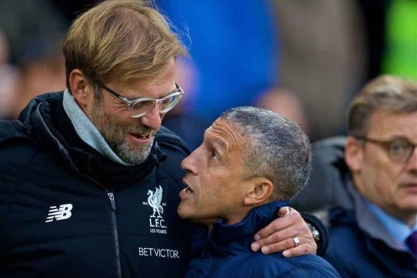 BRIGHTON AND HOVE, ENGLAND - Saturday, December 2, 2017: Liverpool's manager Jürgen Klopp and Brighton & Hove Albion's manager Chris Hughton before the FA Premier League match between Brighton & Hove Albion FC and Liverpool FC at the American Express Community Stadium. (Pic by David Rawcliffe/Propaganda)
