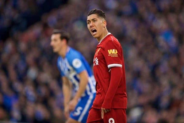 BRIGHTON AND HOVE, ENGLAND - Saturday, December 2, 2017: Liverpool's Roberto Firmino reacts during the FA Premier League match between Brighton & Hove Albion FC and Liverpool FC at the American Express Community Stadium. (Pic by David Rawcliffe/Propaganda)