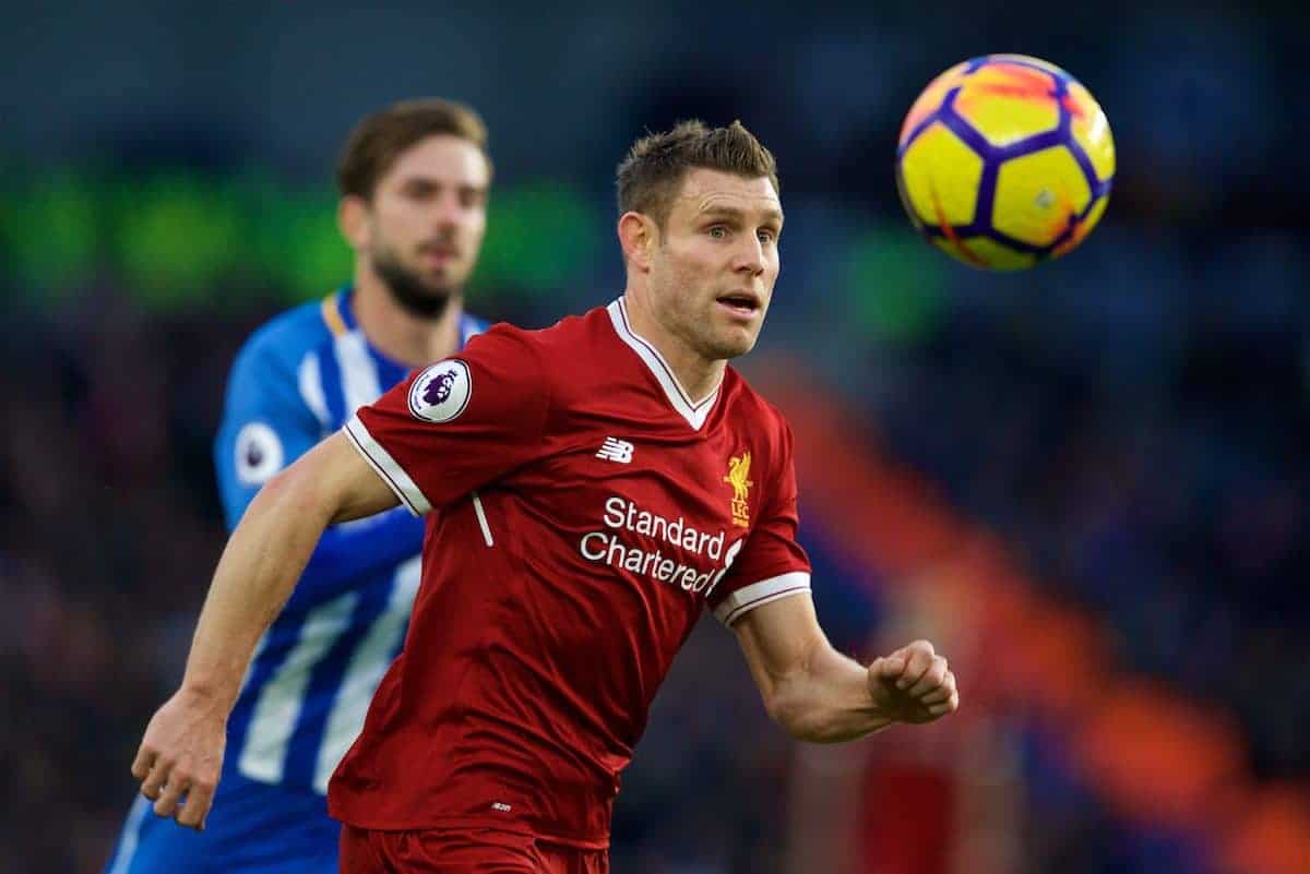BRIGHTON AND HOVE, ENGLAND - Saturday, December 2, 2017: Liverpool's James Milner during the FA Premier League match between Brighton & Hove Albion FC and Liverpool FC at the American Express Community Stadium. (Pic by David Rawcliffe/Propaganda)