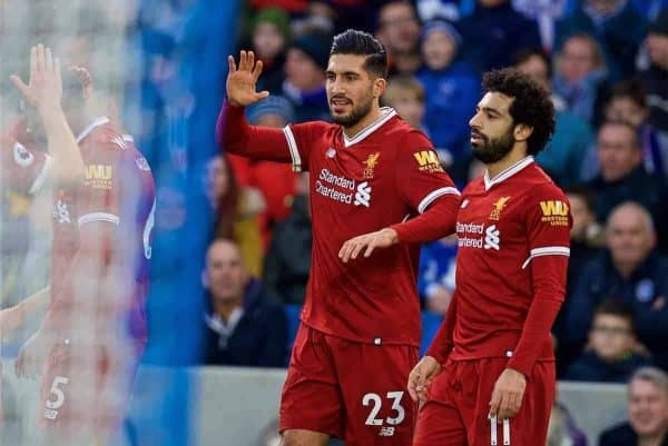 BRIGHTON AND HOVE, ENGLAND - Saturday, December 2, 2017: Liverpool's Emre Can celebrates scoring the first goal during the FA Premier League match between Brighton & Hove Albion FC and Liverpool FC at the American Express Community Stadium. (Pic by David Rawcliffe/Propaganda)