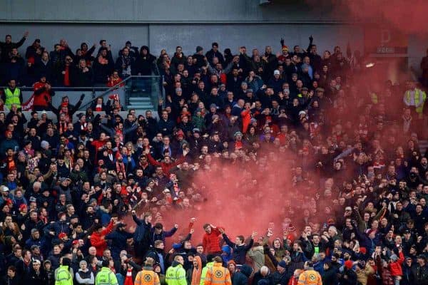 BRIGHTON AND HOVE, ENGLAND - Saturday, December 2, 2017: Liverpool supporters. celebrate the first goal against Brighton & Hove Albion with a red smoke bomb during the FA Premier League match between Brighton & Hove Albion FC and Liverpool FC at the American Express Community Stadium. (Pic by David Rawcliffe/Propaganda)