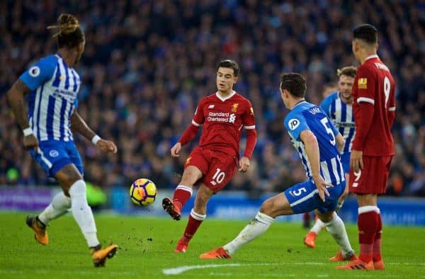 BRIGHTON AND HOVE, ENGLAND - Saturday, December 2, 2017: Liverpool's Philippe Coutinho Correia during the FA Premier League match between Brighton & Hove Albion FC and Liverpool FC at the American Express Community Stadium. (Pic by David Rawcliffe/Propaganda)