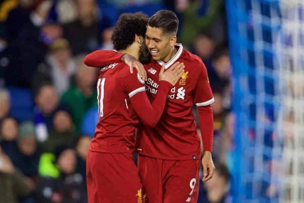 BRIGHTON AND HOVE, ENGLAND - Saturday, December 2, 2017: Liverpool's Roberto Firmino celebrates scoring the third goal with team-mate Mohamed Salah during the FA Premier League match between Brighton & Hove Albion FC and Liverpool FC at the American Express Community Stadium. (Pic by David Rawcliffe/Propaganda)