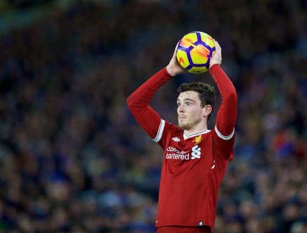 BRIGHTON AND HOVE, ENGLAND - Saturday, December 2, 2017: Liverpool's Andy Robertson takes a throw-in during the FA Premier League match between Brighton & Hove Albion FC and Liverpool FC at the American Express Community Stadium. (Pic by David Rawcliffe/Propaganda)