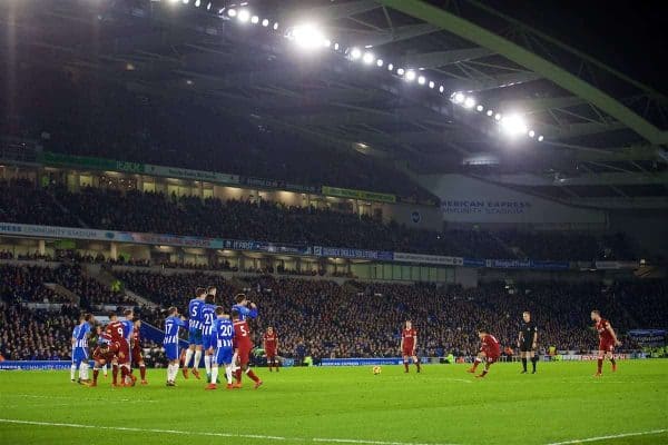 BRIGHTON AND HOVE, ENGLAND - Saturday, December 2, 2017: Liverpool's Philippe Coutinho Correia scores the fourth goal from a free-kick during the FA Premier League match between Brighton & Hove Albion FC and Liverpool FC at the American Express Community Stadium. (Pic by David Rawcliffe/Propaganda)