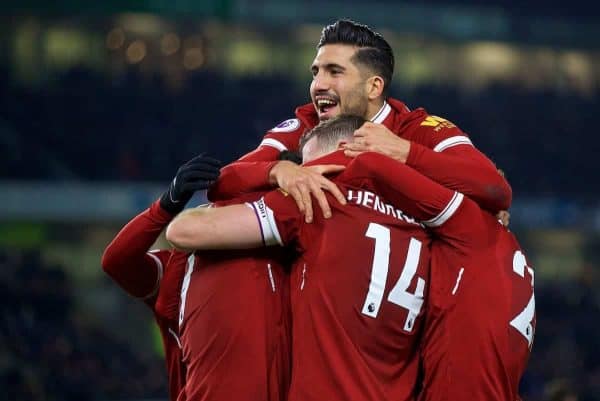 BRIGHTON AND HOVE, ENGLAND - Saturday, December 2, 2017: Liverpool's Philippe Coutinho Correia celebrates scoring the fourth goal with team-mate Emre Can during the FA Premier League match between Brighton & Hove Albion FC and Liverpool FC at the American Express Community Stadium. (Pic by David Rawcliffe/Propaganda)