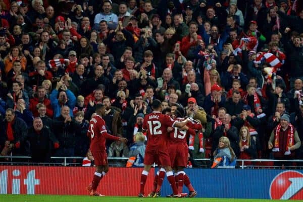 LIVERPOOL, ENGLAND - Wednesday, December 6, 2017: Liverpool's Roberto Firmino celebrates scoring the third goal during the UEFA Champions League Group E match between Liverpool FC and FC Spartak Moscow at Anfield. (Pic by David Rawcliffe/Propaganda)