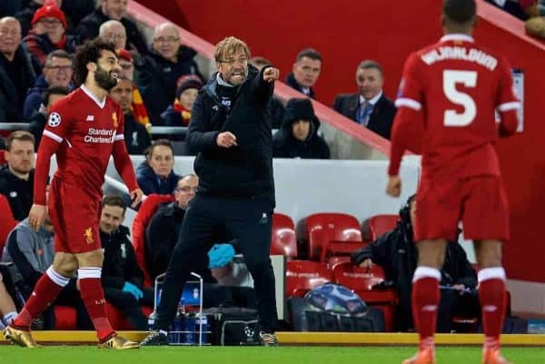 LIVERPOOL, ENGLAND - Wednesday, December 6, 2017: Liverpool's manager Jürgen Klopp recats during the UEFA Champions League Group E match between Liverpool FC and FC Spartak Moscow at Anfield. (Pic by David Rawcliffe/Propaganda)