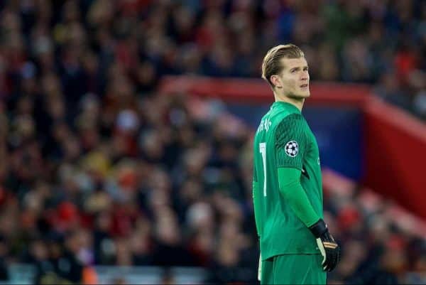 LIVERPOOL, ENGLAND - Wednesday, December 6, 2017: Liverpool's goalkeeper Loris Karius during the UEFA Champions League Group E match between Liverpool FC and FC Spartak Moscow at Anfield. (Pic by David Rawcliffe/Propaganda)