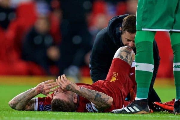 LIVERPOOL, ENGLAND - Wednesday, December 6, 2017: Liverpool's Alberto Moreno lies injured during the UEFA Champions League Group E match between Liverpool FC and FC Spartak Moscow at Anfield. (Pic by David Rawcliffe/Propaganda)