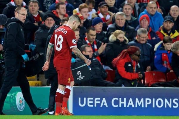 LIVERPOOL, ENGLAND - Wednesday, December 6, 2017: Liverpool's Alberto Moreno goes off injured during the UEFA Champions League Group E match between Liverpool FC and FC Spartak Moscow at Anfield. (Pic by David Rawcliffe/Propaganda)