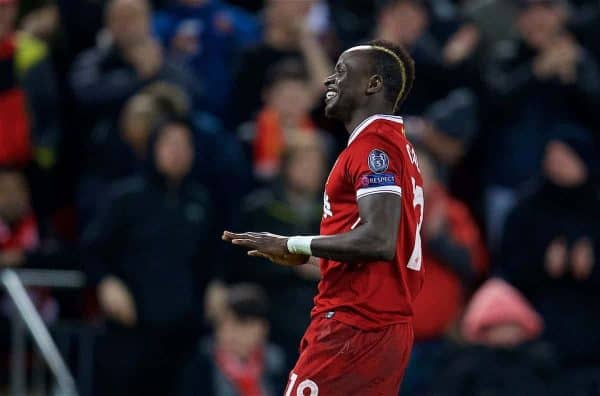 LIVERPOOL, ENGLAND - Wednesday, December 6, 2017: Liverpool's Sadio Mane celebrates scoring the fourth goal during the UEFA Champions League Group E match between Liverpool FC and FC Spartak Moscow at Anfield. (Pic by David Rawcliffe/Propaganda)