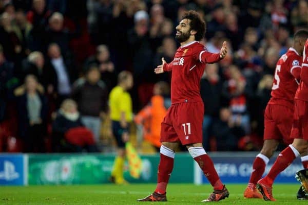 LIVERPOOL, ENGLAND - Wednesday, December 6, 2017: Liverpool's Mohamed Salah celebrates scoring the seventh goal during the UEFA Champions League Group E match between Liverpool FC and FC Spartak Moscow at Anfield. (Pic by David Rawcliffe/Propaganda)
