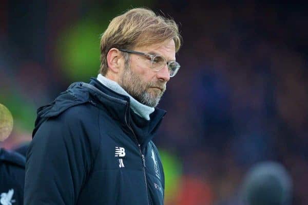 LIVERPOOL, ENGLAND - Sunday, December 10, 2017: Liverpool's manager Jürgen Klopp during the FA Premier League match between Liverpool and Everton, the 229th Merseyside Derby, at Anfield. (Pic by David Rawcliffe/Propaganda)