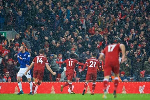 LIVERPOOL, ENGLAND - Sunday, December 10, 2017: Liverpool's Mohamed Salah celebrates scoring the first goal during the FA Premier League match between Liverpool and Everton, the 229th Merseyside Derby, at Anfield. (Pic by David Rawcliffe/Propaganda)