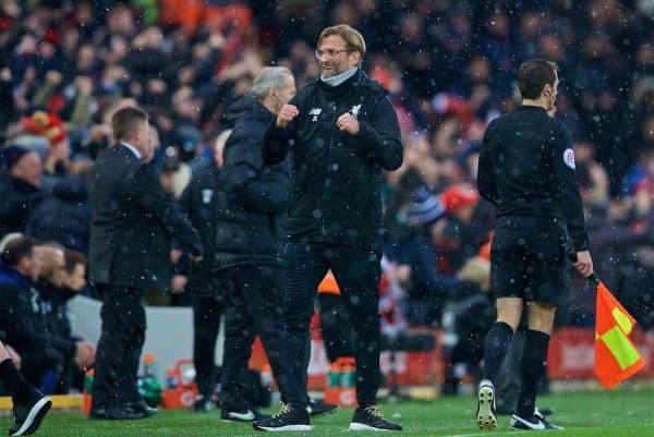 LIVERPOOL, ENGLAND - Sunday, December 10, 2017: Liverpool's manager Jürgen Klopp celebrates as Mohamed Salah scores the first goal during the FA Premier League match between Liverpool and Everton, the 229th Merseyside Derby, at Anfield. (Pic by David Rawcliffe/Propaganda)