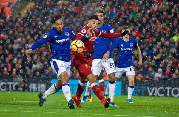 LIVERPOOL, ENGLAND - Sunday, December 10, 2017: Liverpool's Alex Oxlade-Chamberlain and Everton's Ashley Williams during the FA Premier League match between Liverpool and Everton, the 229th Merseyside Derby, at Anfield. (Pic by David Rawcliffe/Propaganda)