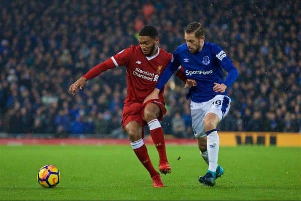 LIVERPOOL, ENGLAND - Sunday, December 10, 2017: Liverpool's Joe Gomez and Everton's Glyfi Sigurdsson during the FA Premier League match between Liverpool and Everton, the 229th Merseyside Derby, at Anfield. (Pic by David Rawcliffe/Propaganda)