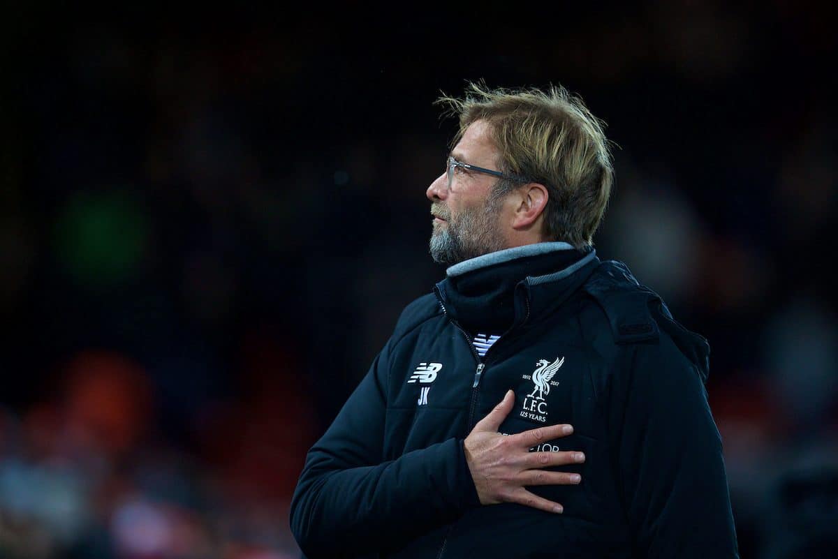 LIVERPOOL, ENGLAND - Wednesday, December 13, 2017: Liverpool's manager Jürgen Klopp before during the FA Premier League match between Liverpool and West Bromwich Albion at Anfield. (Pic by David Rawcliffe/Propaganda)