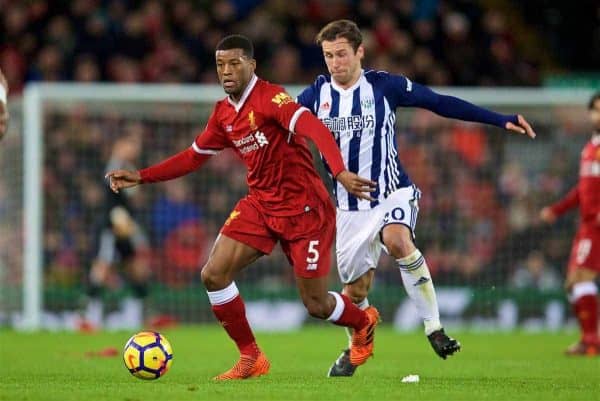 LIVERPOOL, ENGLAND - Wednesday, December 13, 2017: Liverpool's Georginio Wijnaldum and West Bromwich Albion's Grzegorz Krychowiak during the FA Premier League match between Liverpool and West Bromwich Albion at Anfield. (Pic by David Rawcliffe/Propaganda)