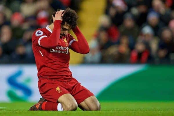 LIVERPOOL, ENGLAND - Wednesday, December 13, 2017: Liverpool's Mohamed Salah looks dejected after missing a chance during the FA Premier League match between Liverpool and West Bromwich Albion at Anfield. (Pic by David Rawcliffe/Propaganda)