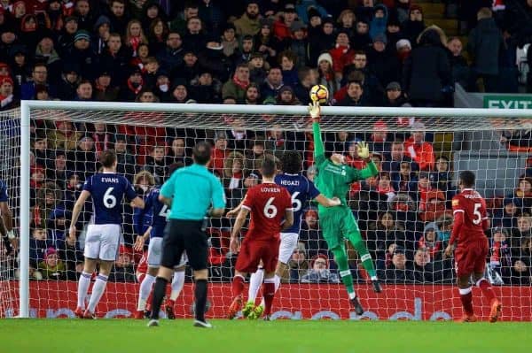 LIVERPOOL, ENGLAND - Wednesday, December 13, 2017: Liverpool's goalkeeper Loris Karius makes a save during the FA Premier League match between Liverpool and West Bromwich Albion at Anfield. (Pic by David Rawcliffe/Propaganda)