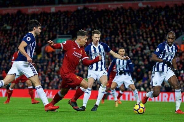 LIVERPOOL, ENGLAND - Wednesday, December 13, 2017: Liverpool's Roberto Firmino during the FA Premier League match between Liverpool and West Bromwich Albion at Anfield. (Pic by David Rawcliffe/Propaganda)
