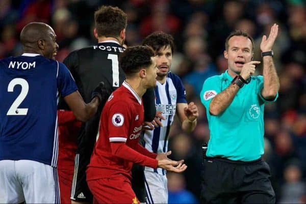 LIVERPOOL, ENGLAND - Wednesday, December 13, 2017: Liverpool's Philippe Coutinho Correia remonstrates with referee Paul Tierney as he disallows a goal for hand ball during the FA Premier League match between Liverpool and West Bromwich Albion at Anfield. (Pic by David Rawcliffe/Propaganda)