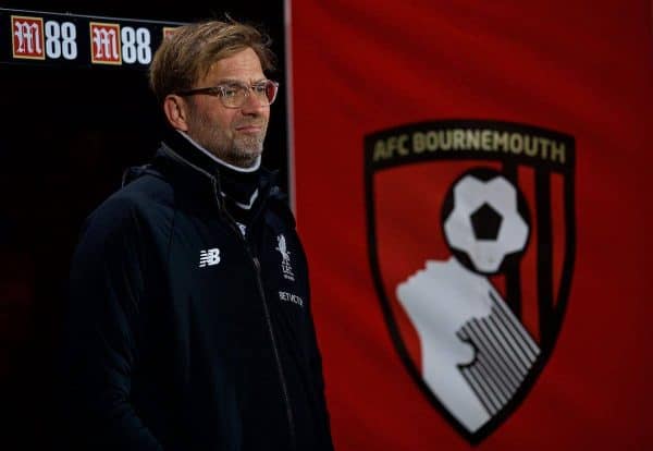 BOURNEMOUTH, ENGLAND - Sunday, December 17, 2017: Liverpool's manager Jürgen Klopp before the FA Premier League match between AFC Bournemouth and Liverpool at the Vitality Stadium. (Pic by David Rawcliffe/Propaganda)