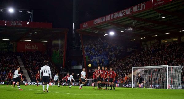 BOURNEMOUTH, ENGLAND - Sunday, December 17, 2017: Liverpool's Philippe Coutinho Correia hits the post with his free-kick during the FA Premier League match between AFC Bournemouth and Liverpool at the Vitality Stadium. (Pic by David Rawcliffe/Propaganda)