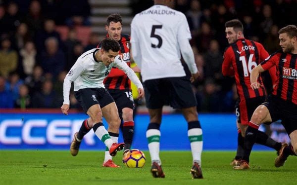 BOURNEMOUTH, ENGLAND - Sunday, December 17, 2017: Liverpool's Philippe Coutinho Correia scores the first goal during the FA Premier League match between AFC Bournemouth and Liverpool at the Vitality Stadium. (Pic by David Rawcliffe/Propaganda)