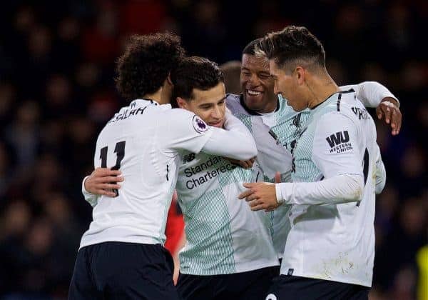 BOURNEMOUTH, ENGLAND - Sunday, December 17, 2017: Liverpool's Philippe Coutinho Correia celebrates scoring the first goal with team-mates during the FA Premier League match between AFC Bournemouth and Liverpool at the Vitality Stadium. (Pic by David Rawcliffe/Propaganda)