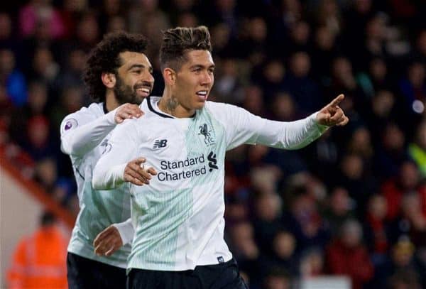 BOURNEMOUTH, ENGLAND - Sunday, December 17, 2017: Liverpool's Roberto Firmino celebrates scoring the fourth goal during the FA Premier League match between AFC Bournemouth and Liverpool at the Vitality Stadium. (Pic by David Rawcliffe/Propaganda)