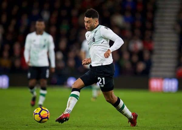 BOURNEMOUTH, ENGLAND - Sunday, December 17, 2017: Liverpool's Alex Oxlade-Chamberlain during the FA Premier League match between AFC Bournemouth and Liverpool at the Vitality Stadium. (Pic by David Rawcliffe/Propaganda)