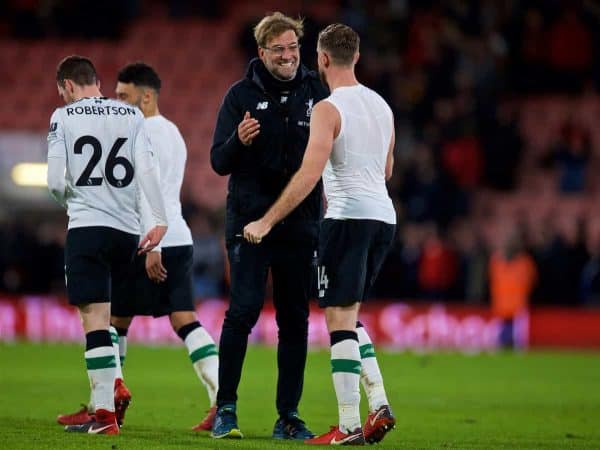 BOURNEMOUTH, ENGLAND - Sunday, December 17, 2017: Liverpool's manager Jürgen Klopp celebrates with captain Jordan Henderson after the FA Premier League match between AFC Bournemouth and Liverpool at the Vitality Stadium. (Pic by David Rawcliffe/Propaganda)