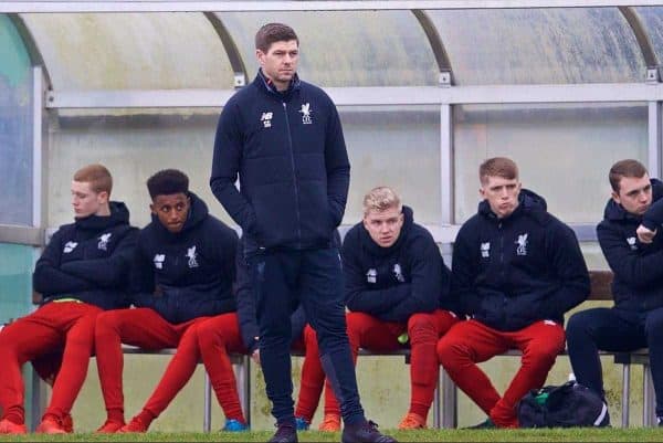 WOLVERHAMPTON, ENGLAND - Tuesday, December 19, 2017: Liverpool's Under-18 manager Steven Gerrard during an Under-18 FA Premier League match between Wolverhampton Wanderers and Liverpool FC at the Sir Jack Hayward Training Ground. (Pic by David Rawcliffe/Propaganda)