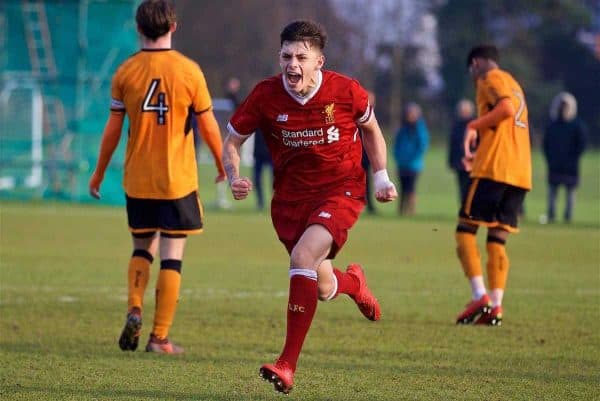 WOLVERHAMPTON, ENGLAND - Tuesday, December 19, 2017: Liverpool's Adam Lewis celebrates scoring the winning second goal during an Under-18 FA Premier League match between Wolverhampton Wanderers and Liverpool FC at the Sir Jack Hayward Training Ground. (Pic by David Rawcliffe/Propaganda)