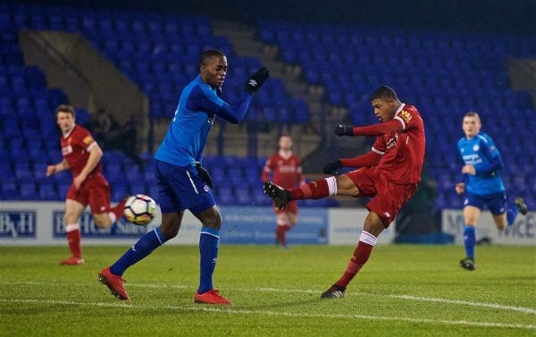 BIRKENHEAD, ENGLAND - Tuesday, December 19, 2017: Liverpool's Rhian Brewster scores the first goal during the Under-23 FA Premier League International Cup Group A match between Liverpool and PSV Eindhoven at Prenton Park. (Pic by David Rawcliffe/Propaganda)