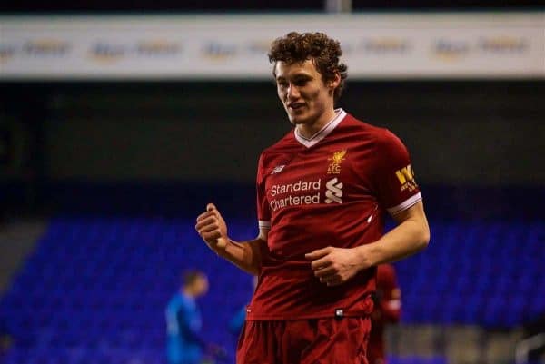 BIRKENHEAD, ENGLAND - Tuesday, December 19, 2017: Liverpool's Matthew Virtue celebrates scoring the third goal during the Under-23 FA Premier League International Cup Group A match between Liverpool and PSV Eindhoven at Prenton Park. (Pic by David Rawcliffe/Propaganda)