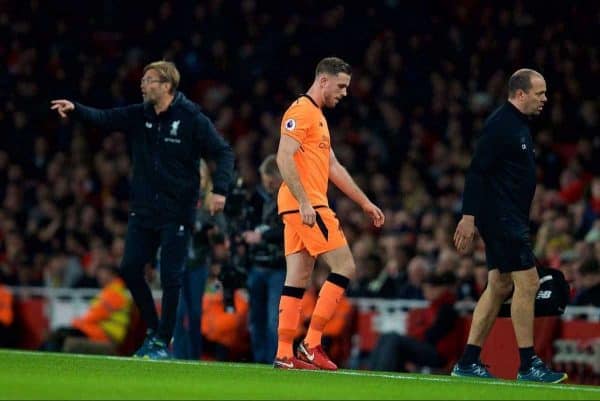 LONDON, ENGLAND - Friday, December 22, 2017: Liverpool's captain Jordan Henderson goes off with an injury during the FA Premier League match between Arsenal and Liverpool at the Emirates Stadium. (Pic by David Rawcliffe/Propaganda)