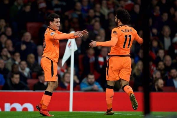 LONDON, ENGLAND - Friday, December 22, 2017: Liverpool's Philippe Coutinho Correia celebrates scoring the first goal with team-mate Mohamed Salah during the FA Premier League match between Arsenal and Liverpool at the Emirates Stadium. (Pic by David Rawcliffe/Propaganda)