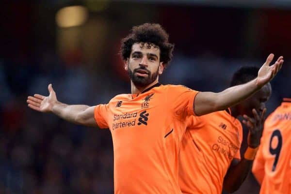LONDON, ENGLAND - Friday, December 22, 2017: Liverpool's Mohamed Salah celebrates scoring the second goal during the FA Premier League match between Arsenal and Liverpool at the Emirates Stadium. (Pic by David Rawcliffe/Propaganda)