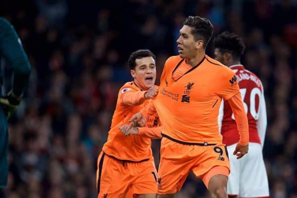 LONDON, ENGLAND - Friday, December 22, 2017: Liverpool's Roberto Firmino celebrates scoring the third goal to equalise the score at 3-3 with team-mate Philippe Coutinho Correia during the FA Premier League match between Arsenal and Liverpool at the Emirates Stadium. (Pic by David Rawcliffe/Propaganda)