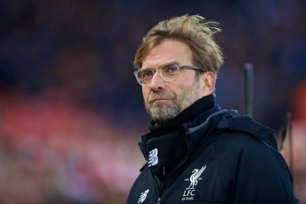 LIVERPOOL, ENGLAND - Sunday, January 14, 2018: Liverpool's manager Jürgen Klopp before the FA Premier League match between Liverpool and Manchester City at Anfield. (Pic by David Rawcliffe/Propaganda)