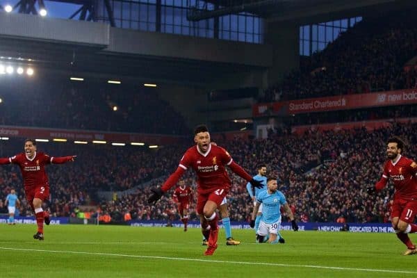 LIVERPOOL, ENGLAND - Sunday, January 14, 2018: Liverpool's Alex Oxlade-Chamberlain celebrates scoring the first goal during the FA Premier League match between Liverpool and Manchester City at Anfield. (Pic by David Rawcliffe/Propaganda)