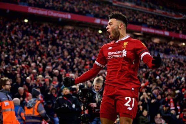 LIVERPOOL, ENGLAND - Sunday, January 14, 2018: Liverpool's Alex Oxlade-Chamberlain celebrates scoring the first goal during the FA Premier League match between Liverpool and Manchester City at Anfield. (Pic by David Rawcliffe/Propaganda)