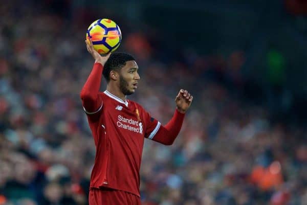 LIVERPOOL, ENGLAND - Sunday, January 14, 2018: Liverpool's Joe Gomez prepares to take a throw-in during the FA Premier League match between Liverpool and Manchester City at Anfield. (Pic by David Rawcliffe/Propaganda)